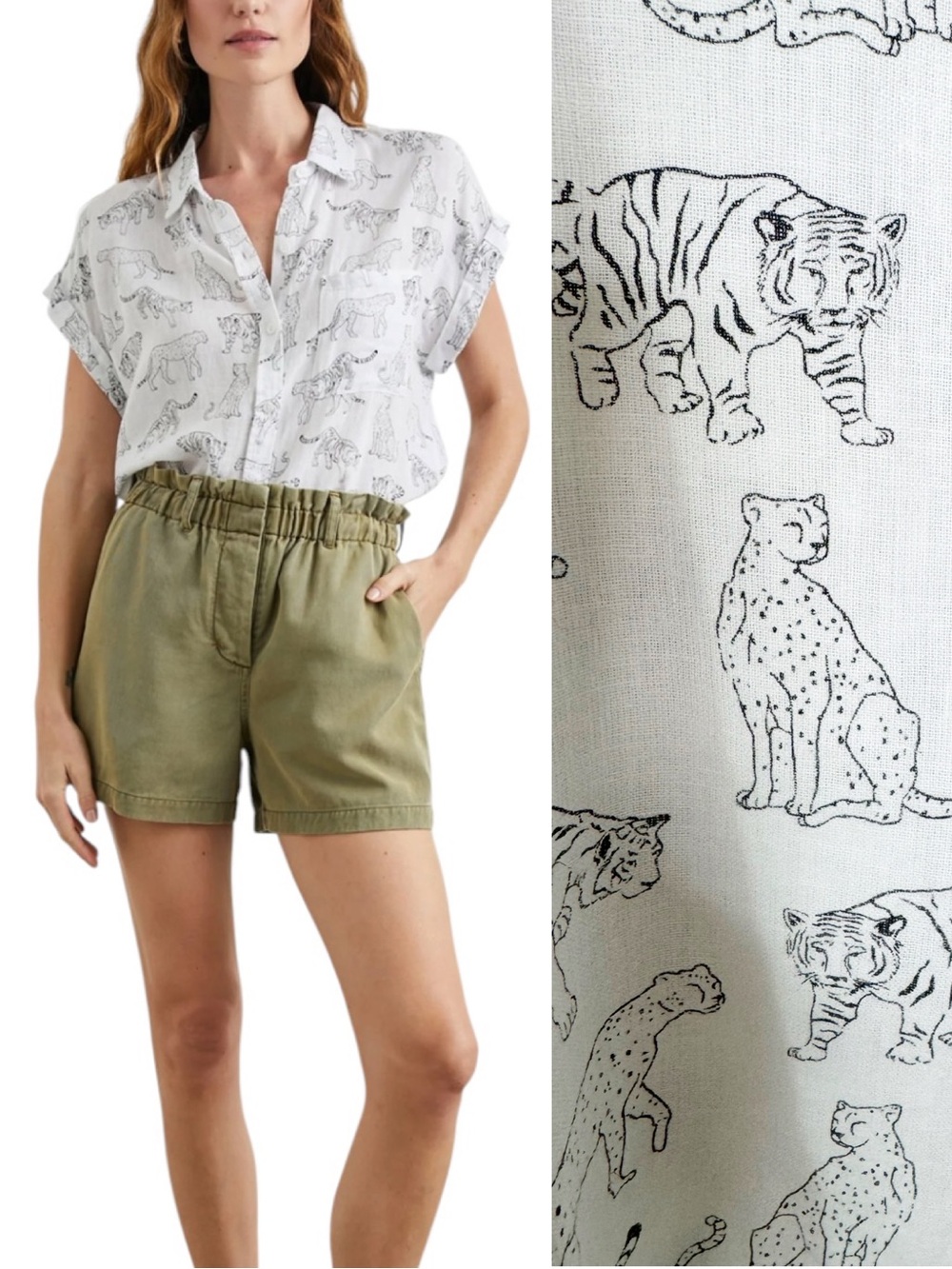 Rails Linen Blend Whitney Shirt Ivory Jungle Cats Size M